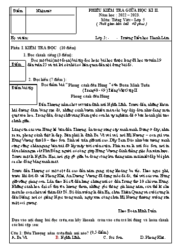 Đề kiểm tra giữa học kì II môn Tiếng Việt Lớp 5 năm học 2022-2023 (Có đáp án + Ma trận)