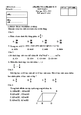 Đề kiểm tra giữa học kì II môn Toán 4 năm học 2022-2023 (Có đáp án + Ma trận)