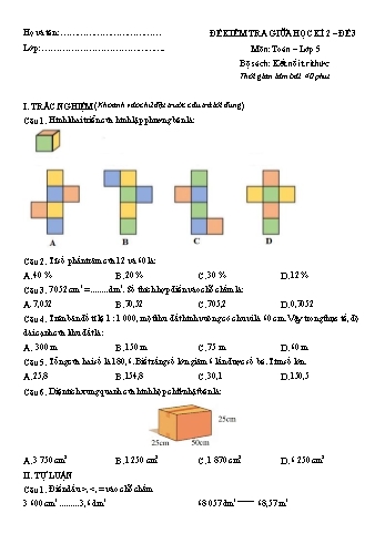 Đề kiểm tra giữa học kì II môn Toán Lớp 5 Sách Kết nối tri thức