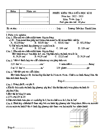 Đề kiểm tra giữa học kì II năm học 2022-2023 môn Toán Khối 5 (Có đáp án + Ma trận)