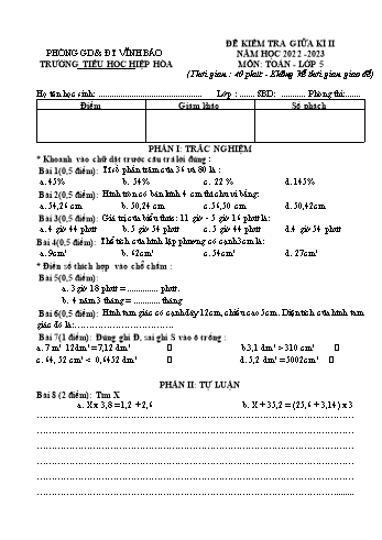Đề kiểm tra giữa học kì II năm học 2022-2023 môn Toán Lớp 5 - Trường Tiểu học Hiệp Hòa (Có đáp án)