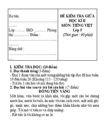 Đề kiểm tra giữa học kỳ II môn Tiếng Việt Lớp 5