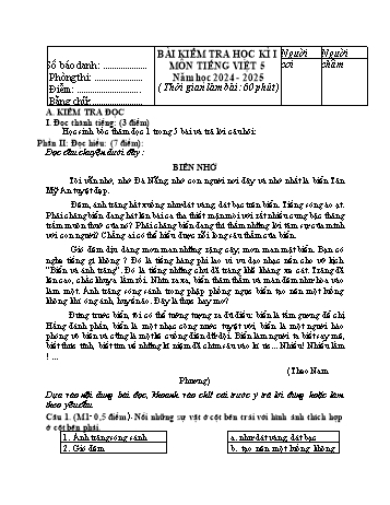 Đề kiểm tra học kì 1 môn Tiếng Việt Khối 5 năm học 2024-2025