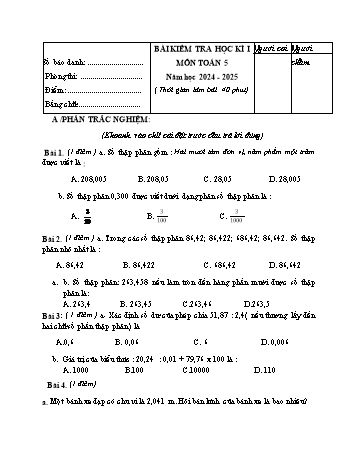 Đề kiểm tra học kì 1 môn Toán Lớp 5 năm học 2024-2025
