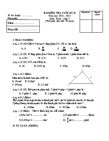 Đề kiểm tra học kì 2 năm học 2023-2024 môn Toán Lớp 5 (Có đáp án)