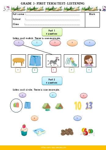 Đề kiểm tra học kì I môn Tiếng Anh Lớp 2