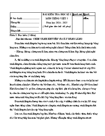 Đề kiểm tra học kì I môn Tiếng Việt 5 năm học 2024-2025