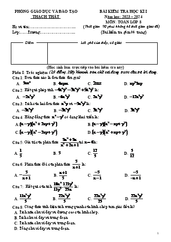 Đề kiểm tra học kì I năm học 2023-2024 môn Toán 8