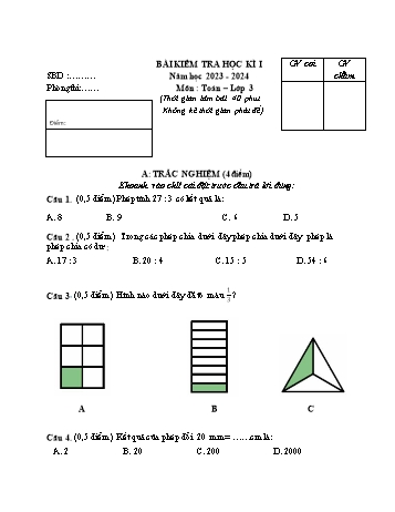 Đề kiểm tra học kì I năm học 2023-2024 môn Toán Lớp 3 (Có đáp án)