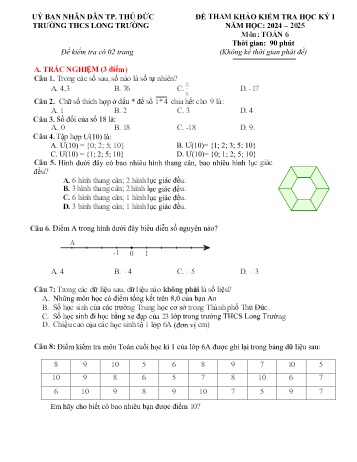 Đề kiểm tra học kì I năm học 2024-2025 môn Toán 6 - Trường THCS Long Trường (Có đáp án)