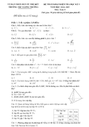 Đề kiểm tra học kì I năm học 2024-2025 môn Toán 8 - Trường THCS Long Trường (Có đáp án)