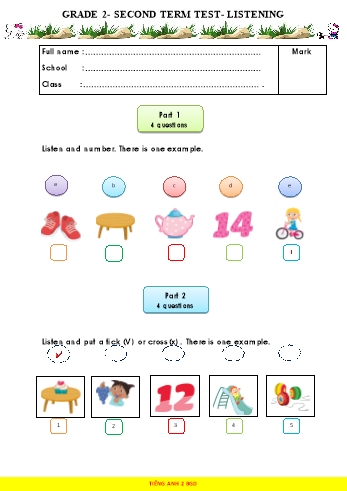 Đề kiểm tra học kì II môn Tiếng Anh Khối 2 (Listening + Reading and writing)