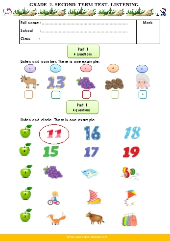 Đề kiểm tra học kì II môn Tiếng Anh Lớp 2 (Listening + Reading and writing)