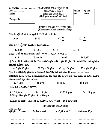 Đề kiểm tra học kì II môn Toán Lớp 5 năm học 2023-2024 (Có đáp án)