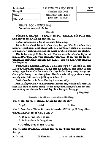 Đề kiểm tra học kì II năm học 2020-2021 môn Tiếng Việt + Toán Lớp 5