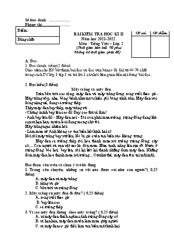 Đề kiểm tra học kì II năm học 2021-2022 môn Tiếng Việt Lớp 2 (Có đáp án)