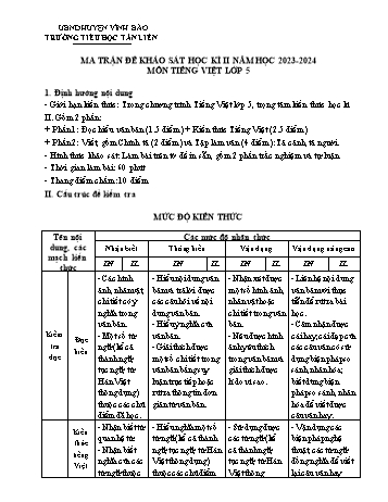 Đề kiểm tra học kì II năm học 2023-2024 môn Tiếng Việt Lớp 5 - Trường Tiểu học Tân Liên (Có đáp án + Ma trận)