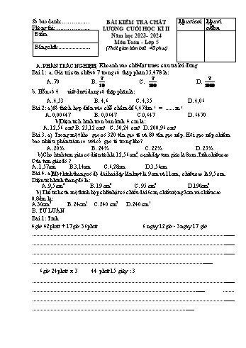 Đề kiểm tra học kì II năm học 2023-2024 môn Toán Khối 5 (Có đáp án)