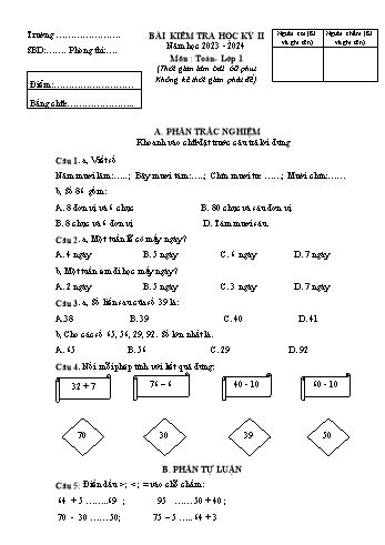 Đề kiểm tra học kì II năm học 2023-2024 môn Toán Lớp 1