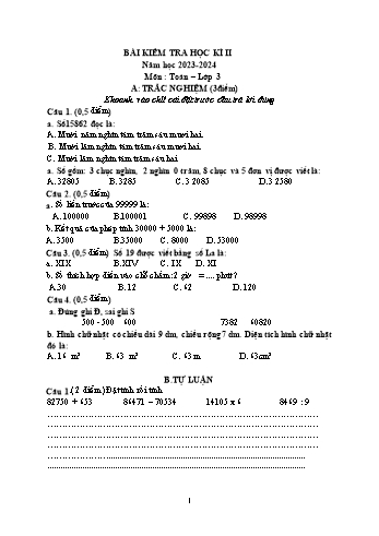 Đề kiểm tra học kì II năm học 2023-2024 môn Toán + Tiếng Việt Lớp 3