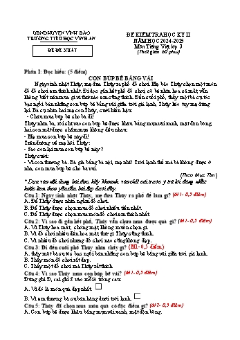 Đề kiểm tra học kì II năm học 2024-2025 môn Tiếng Việt Lớp 3 - Trường Tiểu học Vĩnh An (Có đáp án)