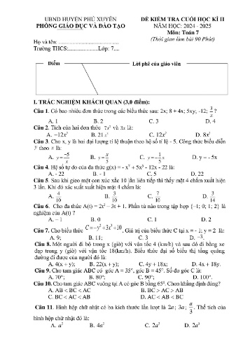 Đề kiểm tra học kì II năm học 2024-2025 môn Toán 7 (Có đáp án)