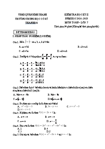 Đề kiểm tra học kì II năm học 2024-2025 môn Toán 7 - Trường THCS Thanh Đa (Có đáp án)