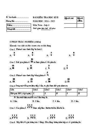 Đề kiểm tra học kì II năm học 2024-2025 môn Toán Lớp 4
