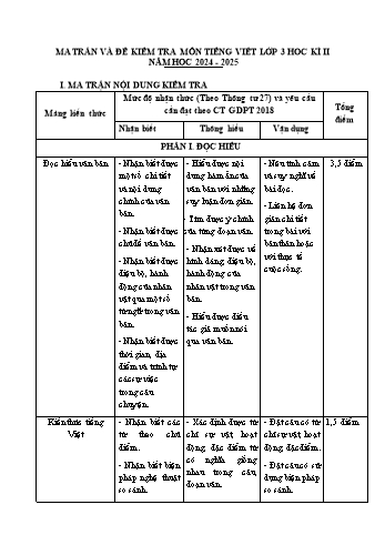Đề kiểm tra học kỳ I năm học 2024-2025 môn Tiếng Việt Lớp 3 (Có đáp án + Ma trận)