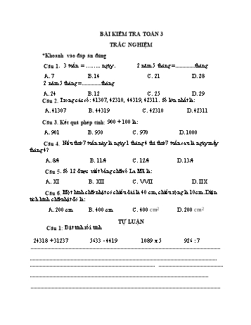 Đề kiểm tra môn Toán Lớp 3