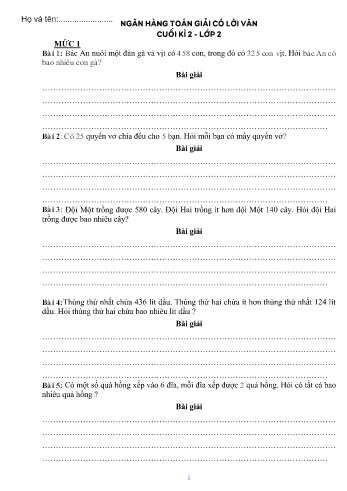 Đề ôn cuối học kì II môn Toán Lớp 2 - Dạng giải toán có lời văn