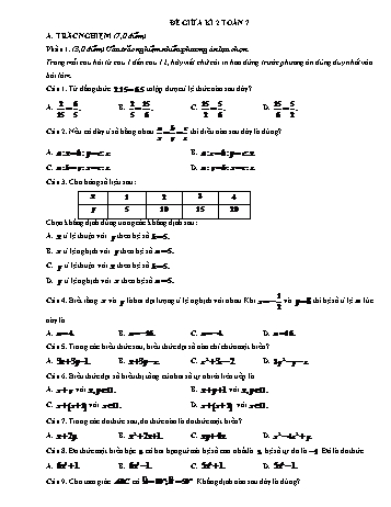 Đề ôn tập giữa học kì II Toán 7 (Có đáp án)