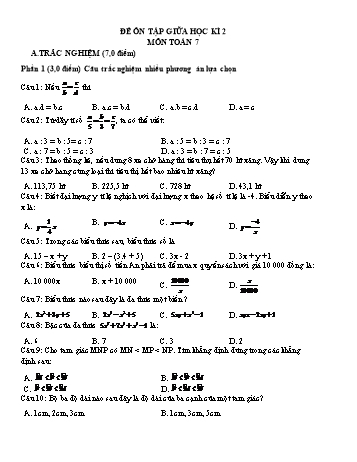 Đề ôn tập giữa học kì II Toán Lớp 7 (Có đáp án)