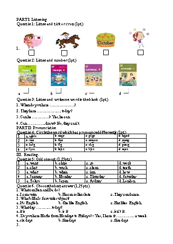 Đề ôn tập môn Tiếng Anh Lớp 4