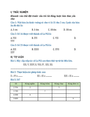 Đề ôn tập môn Toán Lớp 3 - Tuần 3