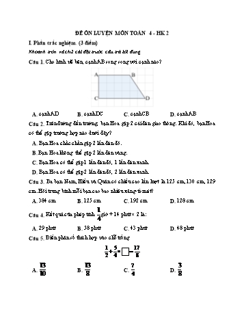 Đề ôn tập môn Toán Lớp 4 - Học kì 2