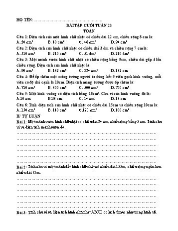 Đề ôn tập môn Toán + Tiếng Việt Khối 3 - Tuần 23