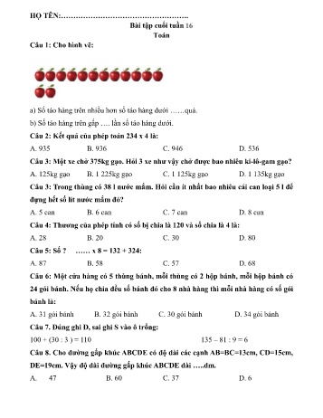 Đề ôn tập môn Toán + Tiếng Việt Lớp 3 - Tuần 16