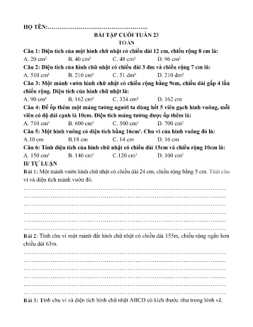 Đề ôn tập môn Toán + Tiếng Việt Lớp 3 - Tuần 23
