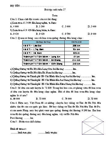 Đề ôn tập môn Toán + Tiếng Việt Lớp 3 - Tuần 27