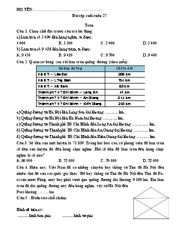 Đề ôn tập môn Toán + Tiếng Việt Lớp 3 - Tuần 28