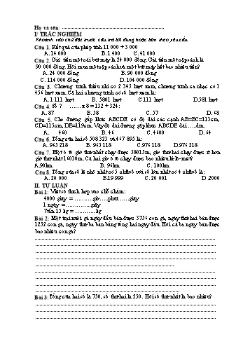 Đề ôn tập môn Toán + Tiếng Việt Lớp 4 - Tuần 10