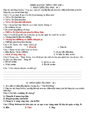 Đề ôn tập môn Toán + Tiếng Việt Lớp 4 - Tuần 14