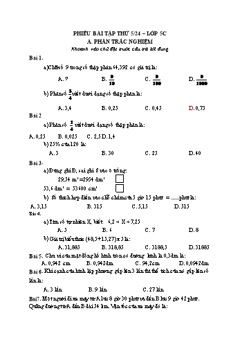 Đề ôn tập môn Toán + Tiếng Việt Lớp 5