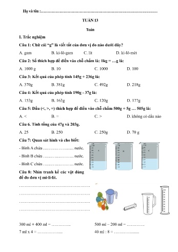Đề ôn tập môn Toán + Tiếng Việt + Tiếng Anh Lớp 3 - Tuần 13