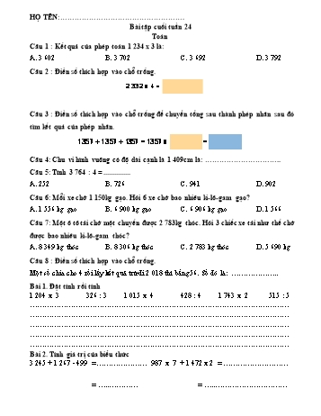 Đề ôn tập môn Toán + Tiếng Việt + Tiếng Anh Lớp 3 - Tuần 24
