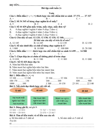 Đề ôn tập môn Toán + Tiếng Việt + Tiếng Anh Lớp 3 - Tuần 26