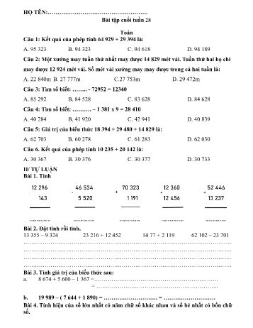 Đề ôn tập môn Toán + Tiếng Việt + Tiếng Anh Lớp 3 - Tuần 28