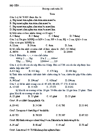 Đề ôn tập môn Toán + Tiếng Việt + Tiếng Anh Lớp 3 - Tuần 31