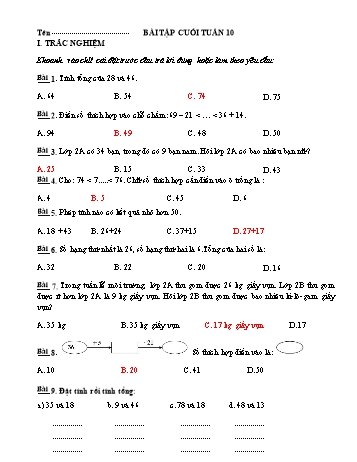 Đề ôn tập Toán Khối 2 - Tuần 10